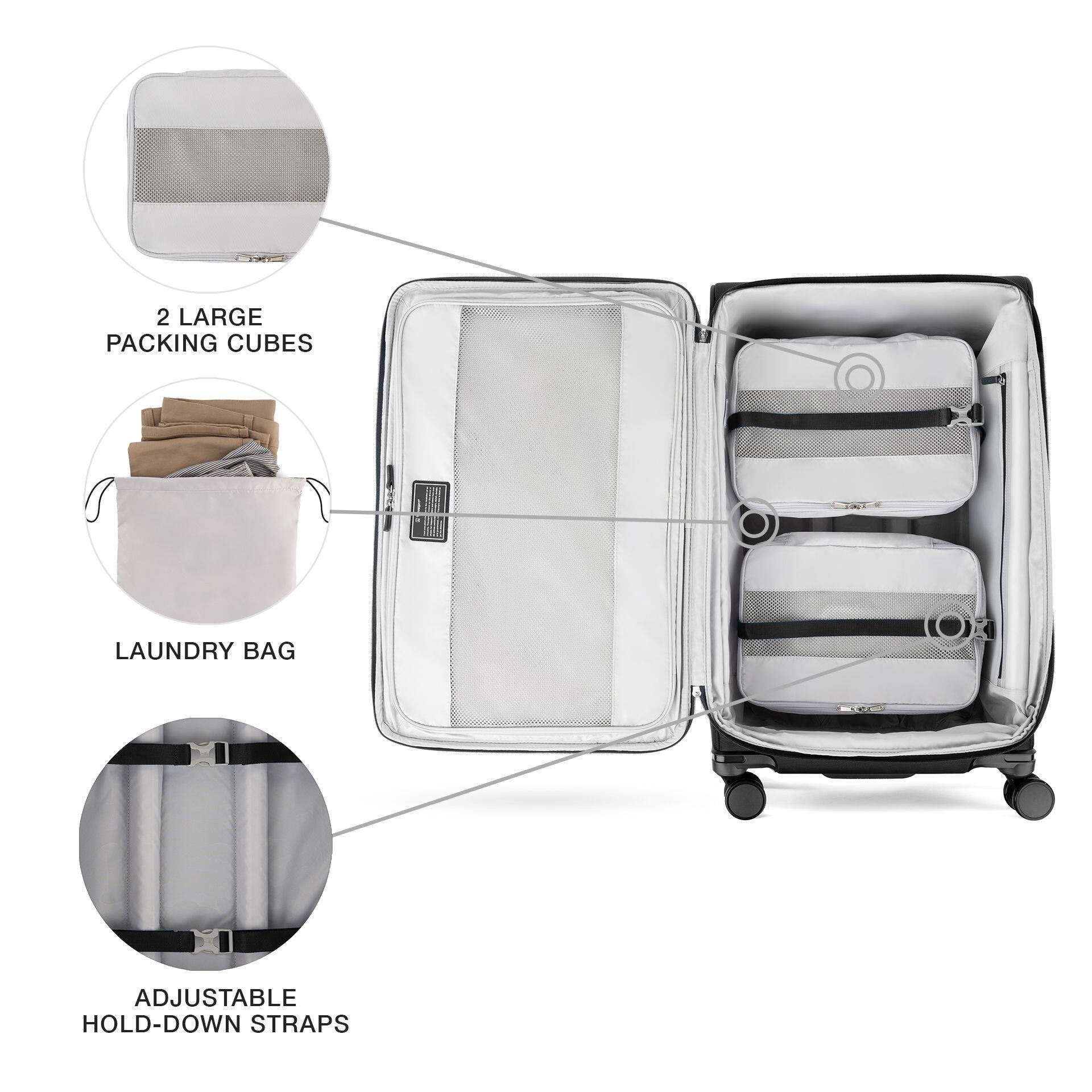 2 LARGE PACKING CUBES  
LAUNDRY BAG  
ADJUSTABLE HOLD-DOWN STRAPS