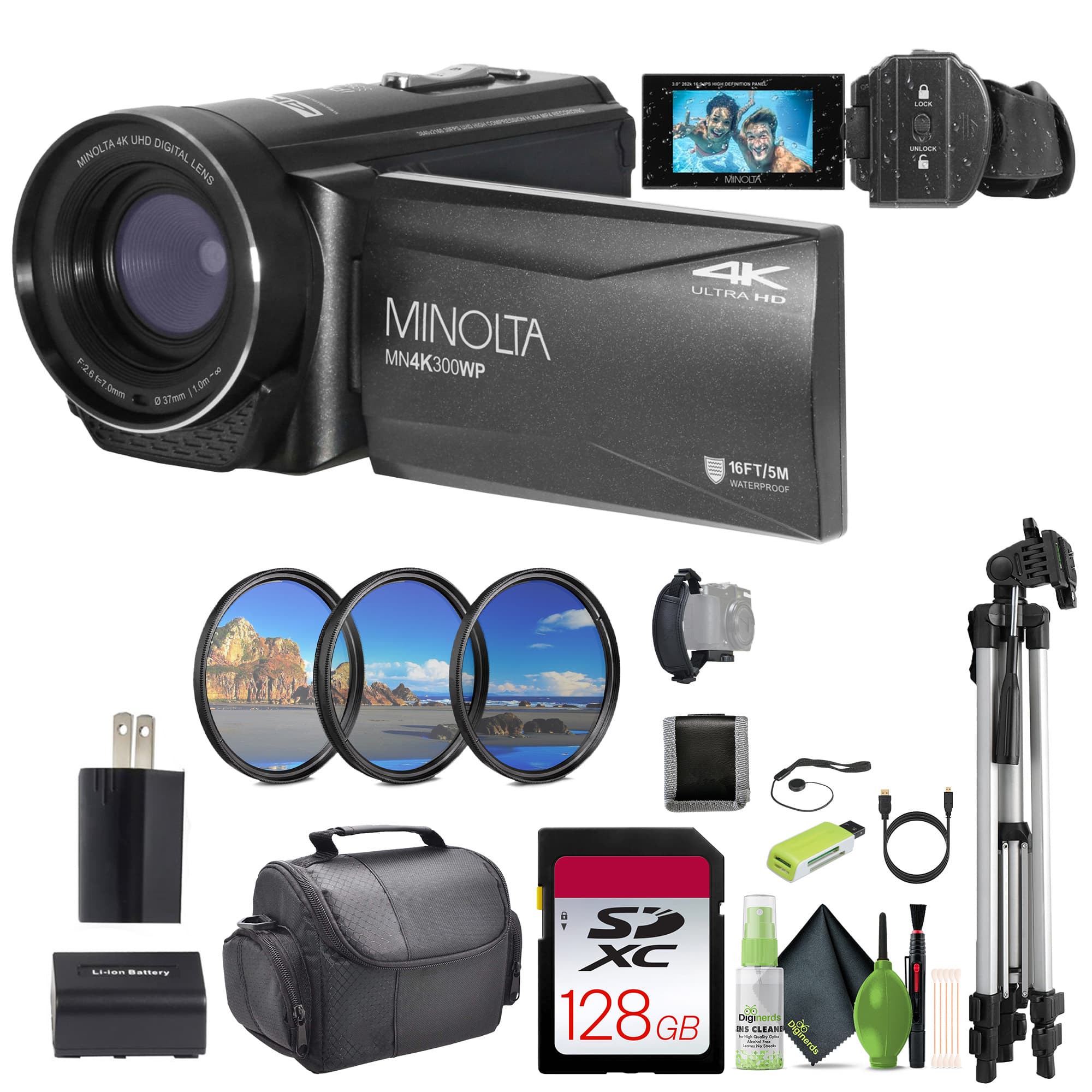 Minolta - MN4K300WP 4K Ultra HD / 56 MP Waterproof Camcorder - Black - Bundle