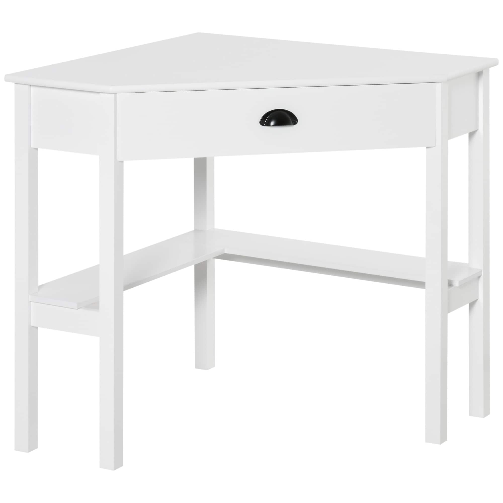 Homcom - Corner Desk, Triangle Computer Desk with Drawer and Storage Shelves for Small Spaces, Home Office Workstation - White