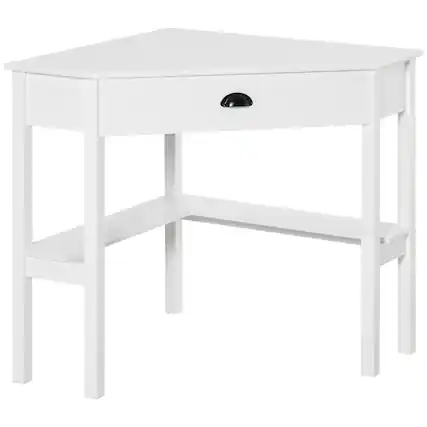 Front. Glintex - Corner Desk, Triangle Computer Desk,Drawer and Storage Shelves for Small Spaces, Home Office Workstation for Living Room - White.