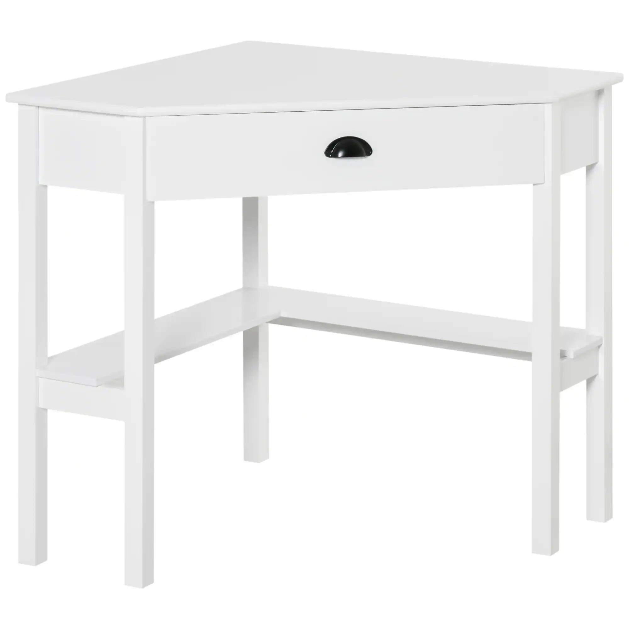 Front. Glintex - Corner Desk, Triangle Computer Desk，Drawer and Storage Shelves for Small Spaces, Home Office Workstation for Living Room - White.