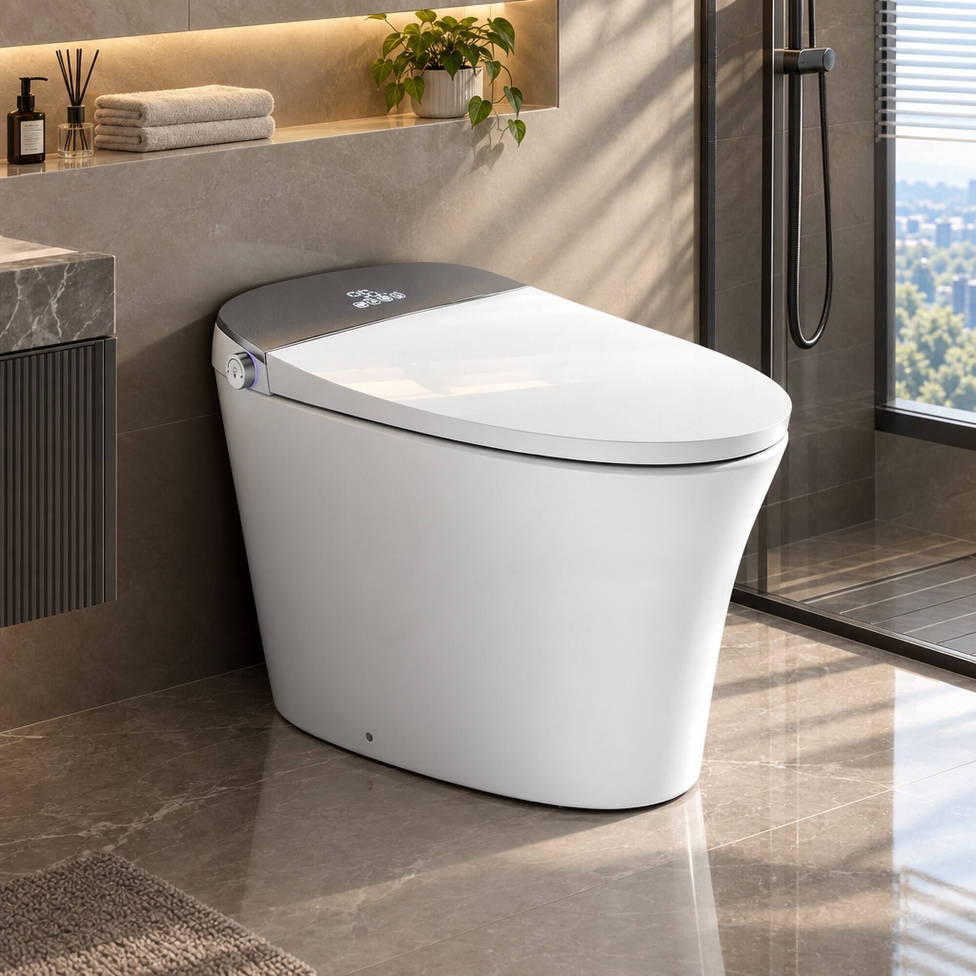 Left. RYHNUYNE - Smart Toilet With Foam Shield, Zero Water Pressure Flush Heated Seat Warm Water and Dryer Auto Flush and Close - White.