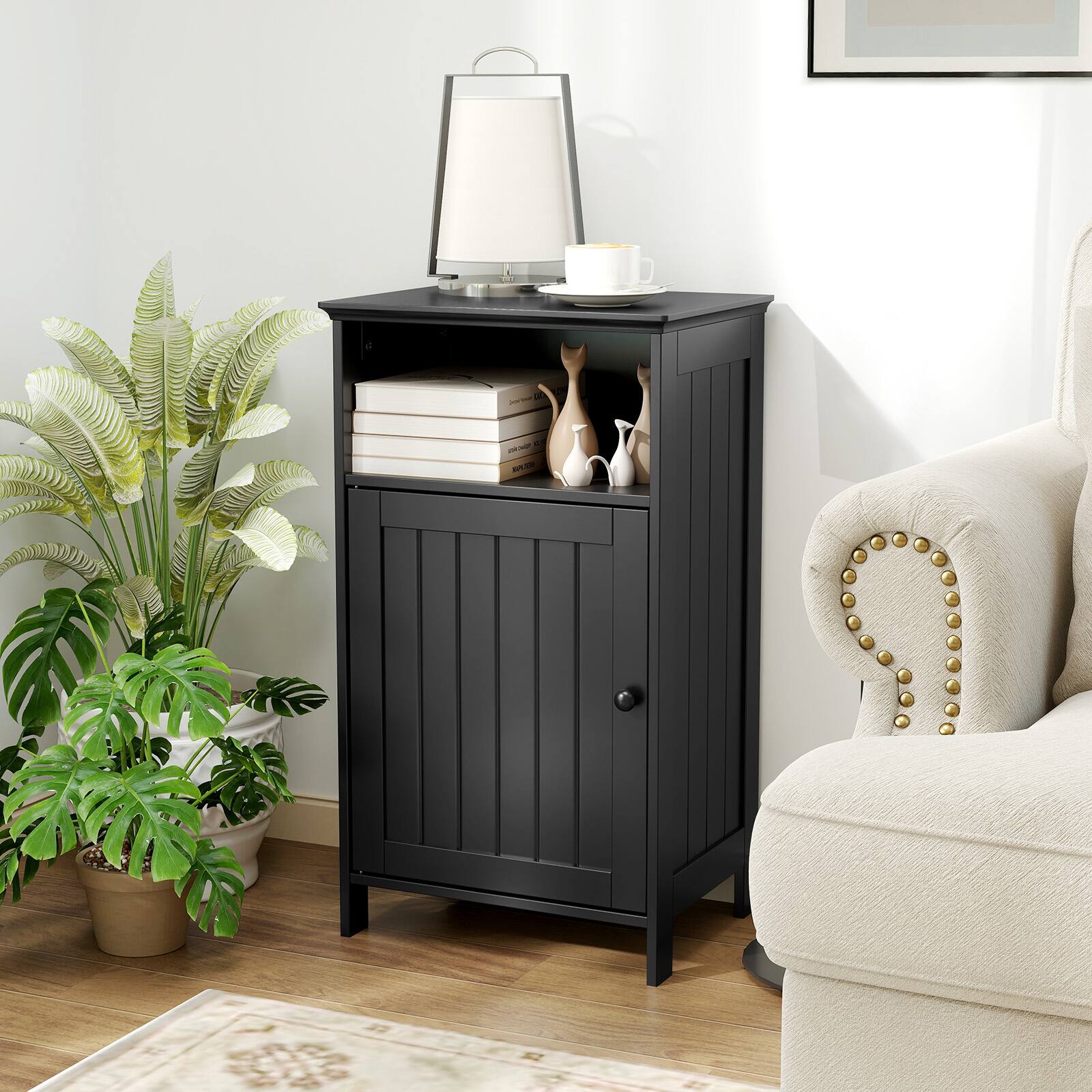 Alt View 3. Gymax - Gymax Bathroom Floor Storage Cabinet Side Table w/ Open Compartment & Adjustable Shelf - Black.