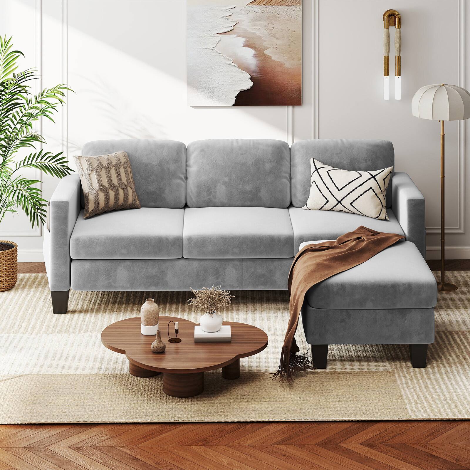 Left. Pinmoco - PINMOCO - 67 inch Velvet L-Shaped Sofa Modular Sofa with Storage Reversible Ottoman Sectional Sofa for Small Space - Grey.