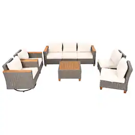 Mondawe - 8-Piece Wicker Conversation Set with Swivel Rocking Chairs and Acacia Storage Table - Beige+Brown