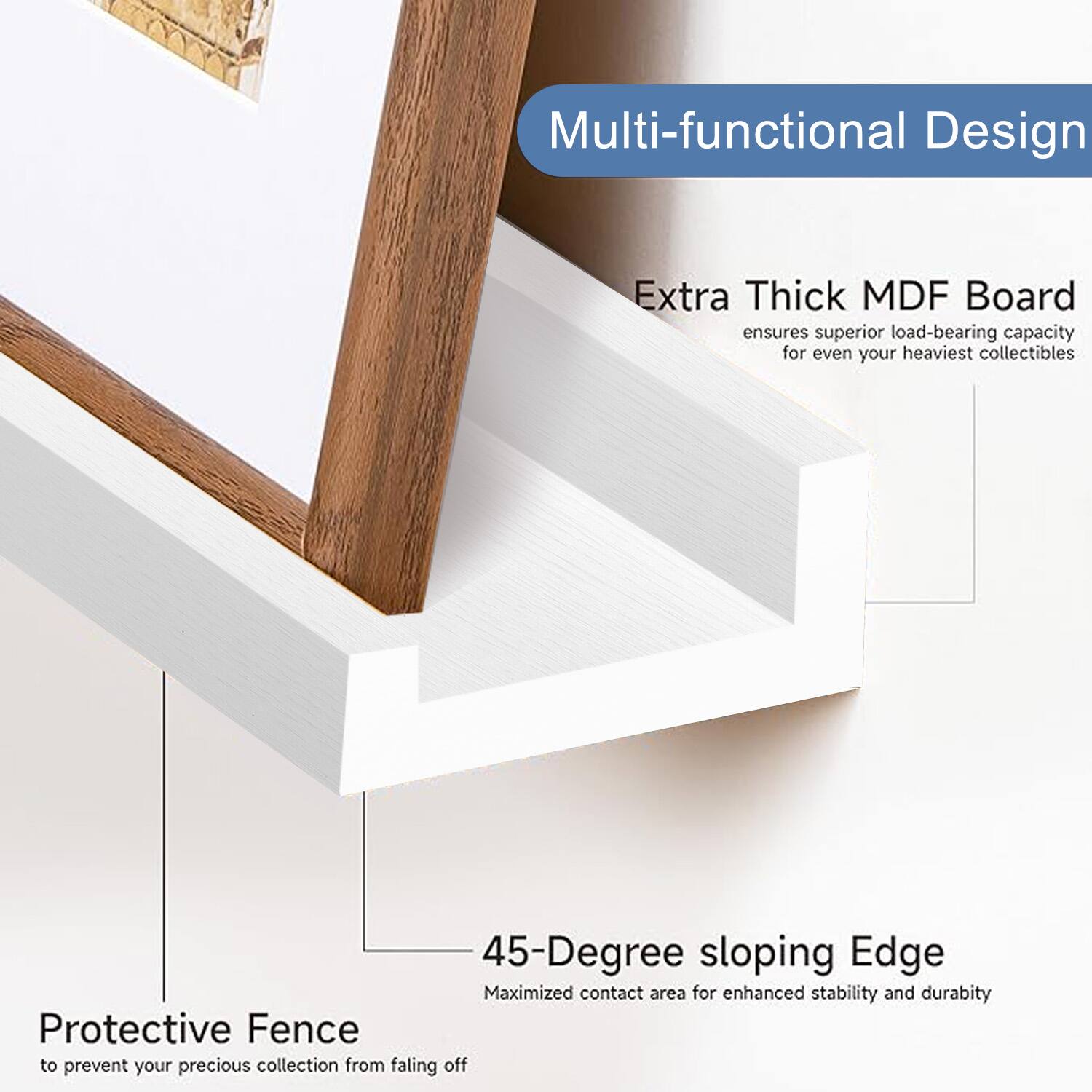 Multi-functional Design

Extra Thick MDF Board
ensures superior load-bearing capacity for even your heaviest collectibles

45-Degree sloping Edge
Maximized contact area for enhanced stability and durability

Protective Fence
to prevent your precious collection from falling off