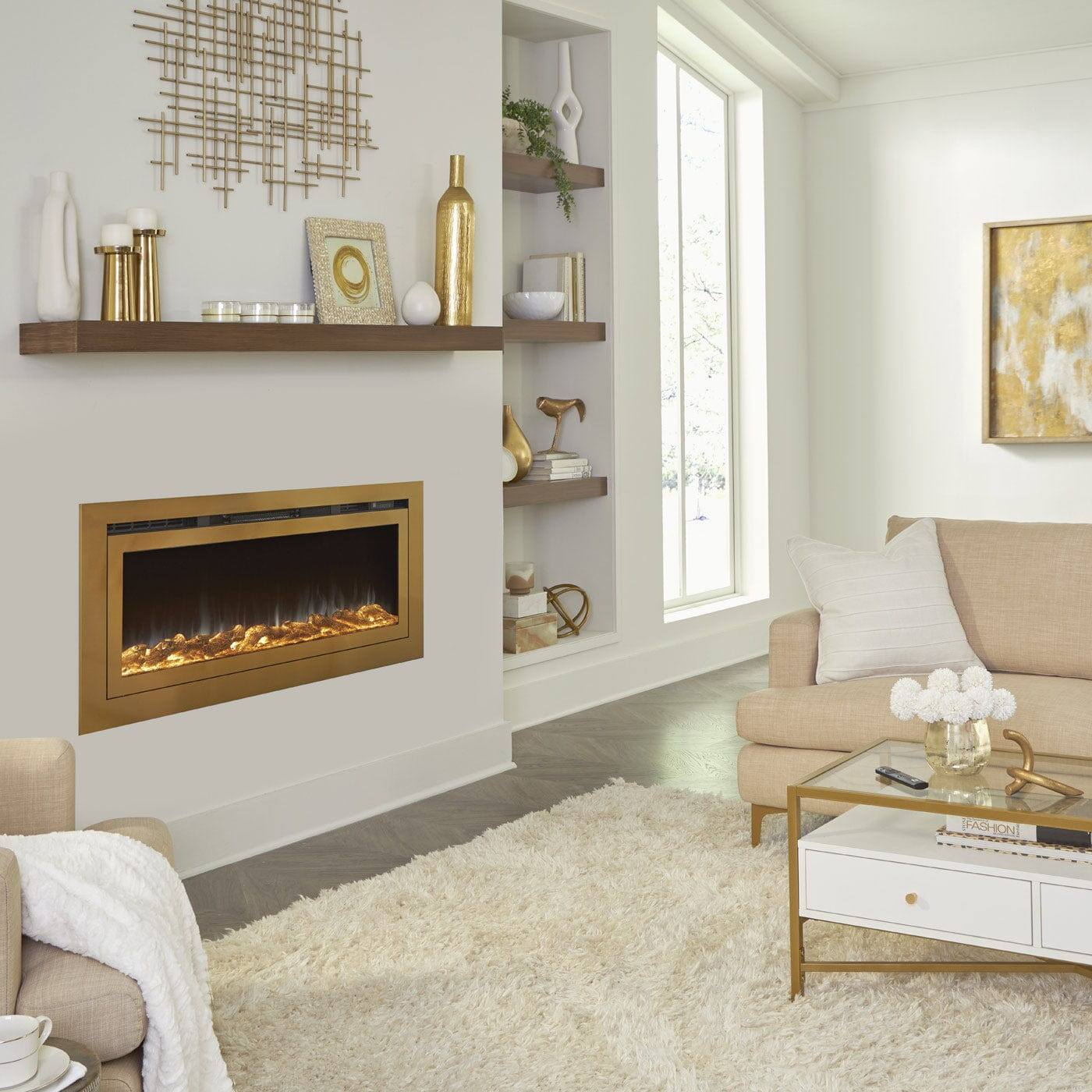 Angle. Touchstone Home Products - 50 in. Wall Mounted Recessed Sideline Deluxe Gold Smart Electric Fireplace 1500W - Gold.