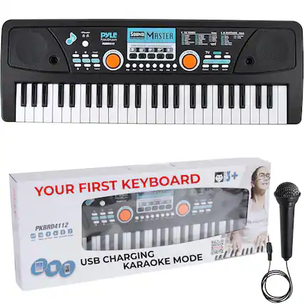 PYLE
PyleUSA.com
SOUND MASTER
19 TONES
YOUR FIRST KEYBOARD
PKBRD4112
49 KEYS
16 TONES
8 RHYTHMS
5 SOUNDS
2 PHRASES
USB CHARGING MODE
KARAOKE MODE
AGES 3+