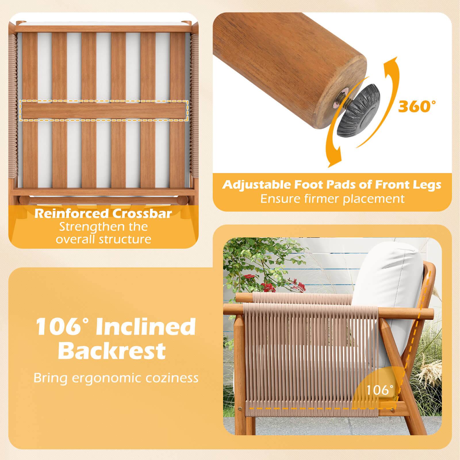 360 Reinforced Crossbar Strengthen the overall structure  
Adjustable Foot Pads of Front Legs Ensure firmer placement  
106° Inclined Backrest Bring ergonomic coziness