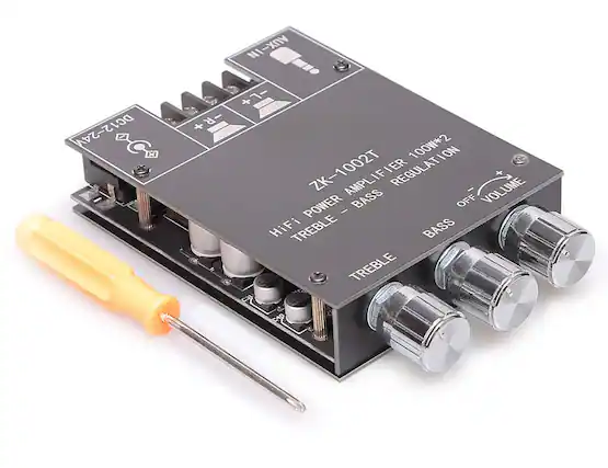 DC12-24V S AUX-IN NI +7- + -R+ R 100W*2 ION ZK-1002T IF IER REGULATION + AMPLIFIER AMPLI BASS VOLUME POWER OFF - HiFi TREBLE - BASS TREBLE BASS TREBLE
ZK-1002T
HiFi POWER AMPLIFIER REGULATION
100W*2
BASS
TREBLE
VOLUME
OFF