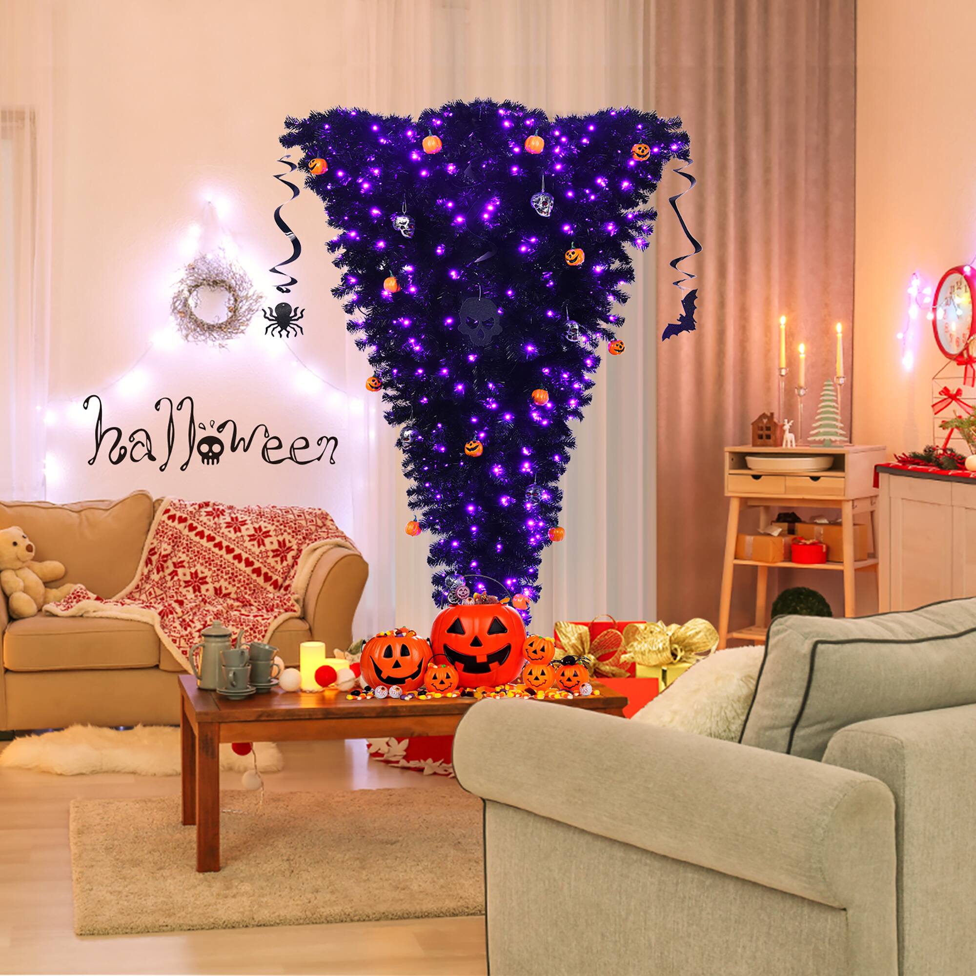 Alt View 11. Costway - 6ft Upside Down Christmas Halloween Tree w/270 Purple LED Lights - Black.