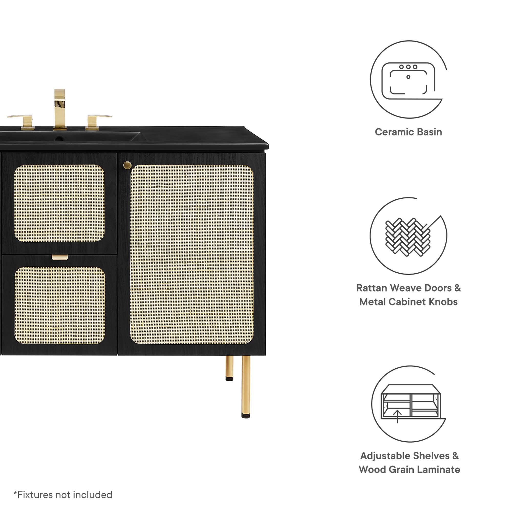 Ceramic Basin  
Rattan Weave Doors & Metal Cabinet Knobs  
Adjustable Shelves & Wood Grain Laminate  

*Fixtures not included