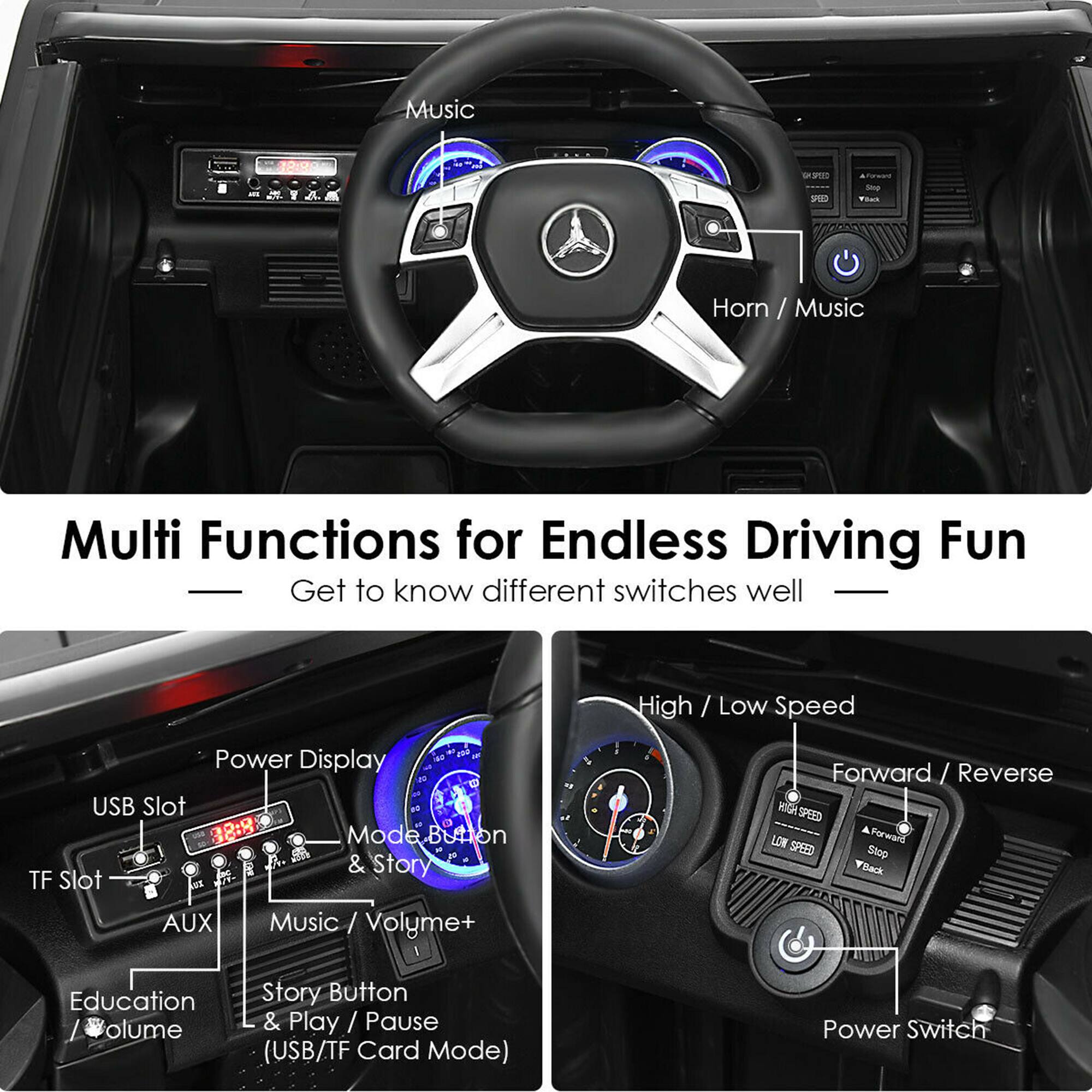 Multi Functions for Endless Driving Fun

Get to know different switches well

- Music
- Horn / Music
- Power Display
- USB Slot
- TF Slot
- AUX
- Music / Volume+
- Story Button & Play / Pause (USB/TF Card Mode)
- Education / Volume
- High / Low Speed
- Forward / Reverse
- Power Switch