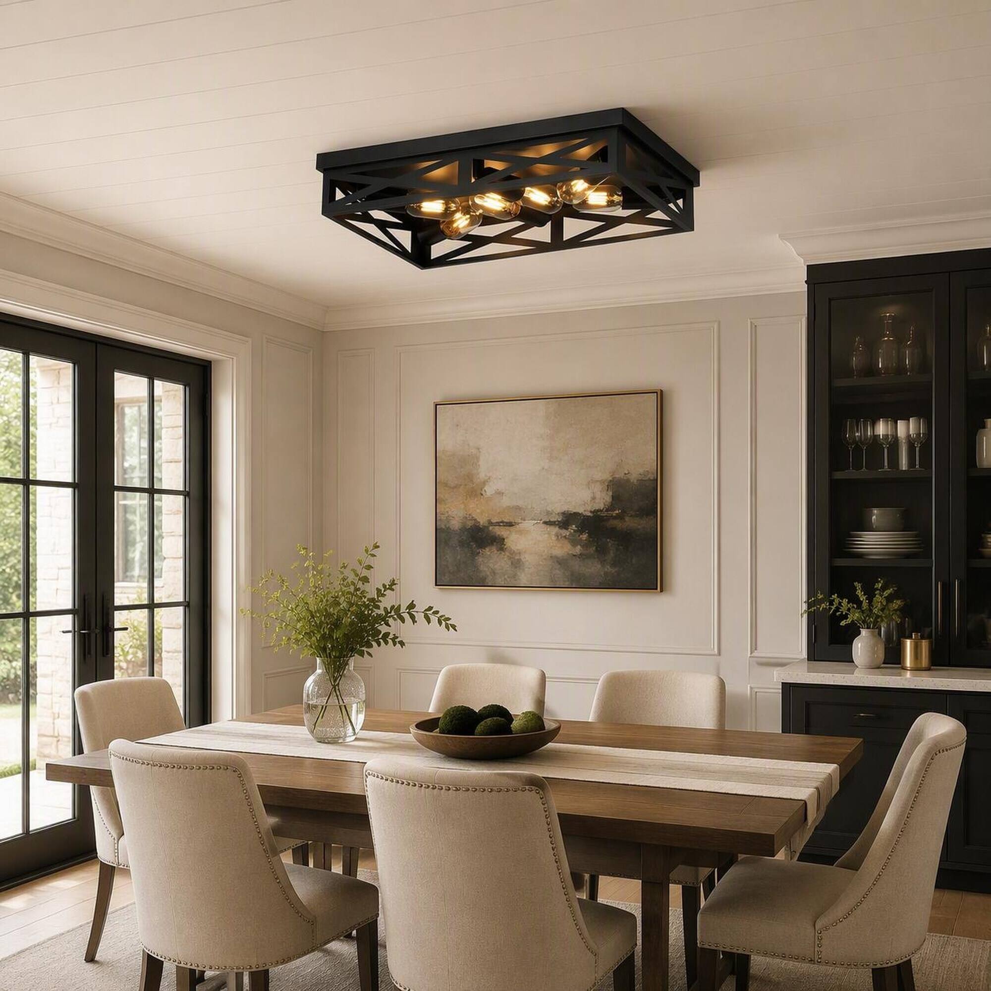 Left. RYHNUYNE - 6-Light Matte Black Industrial Farmhouse Square Flush Mount Ceiling Light with Geometric Iron Cage.