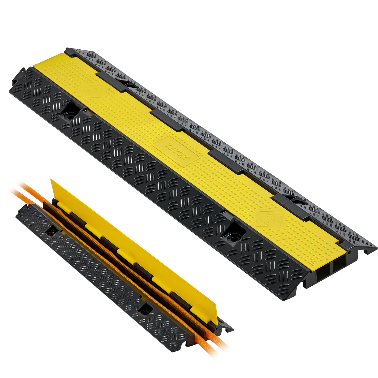 VEVOR - Cable Protector Ramp, 22,000 lbs/axle Capacity, 2 Channel Heavy Duty Rubber Cord Hose Wire Cover, 1.3 x 1.2 in Channel - Black + Yellow