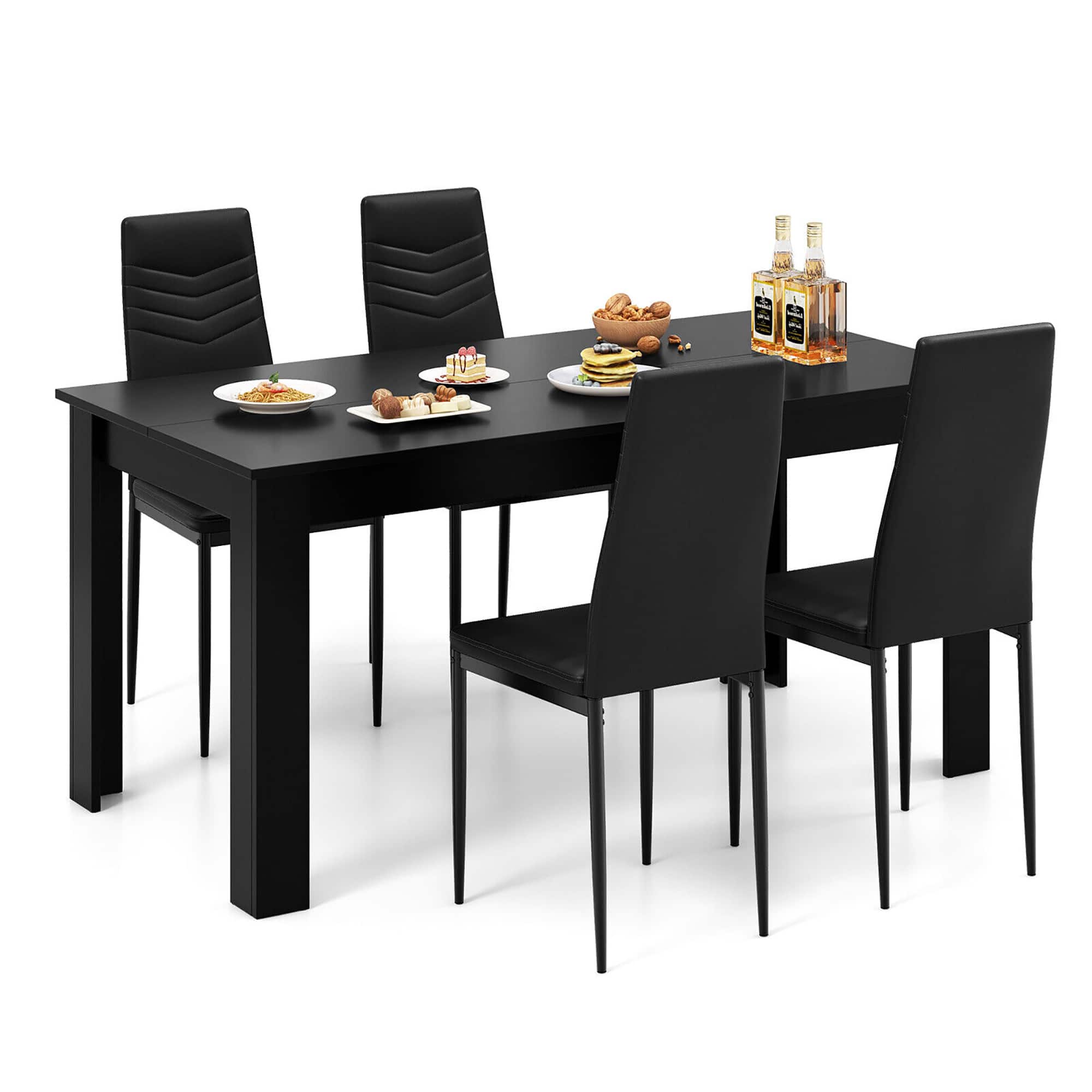 Gymax - Modern Rectangular Kitchen Table Set w/ 4 PVC Leather Dining Chairs - Black