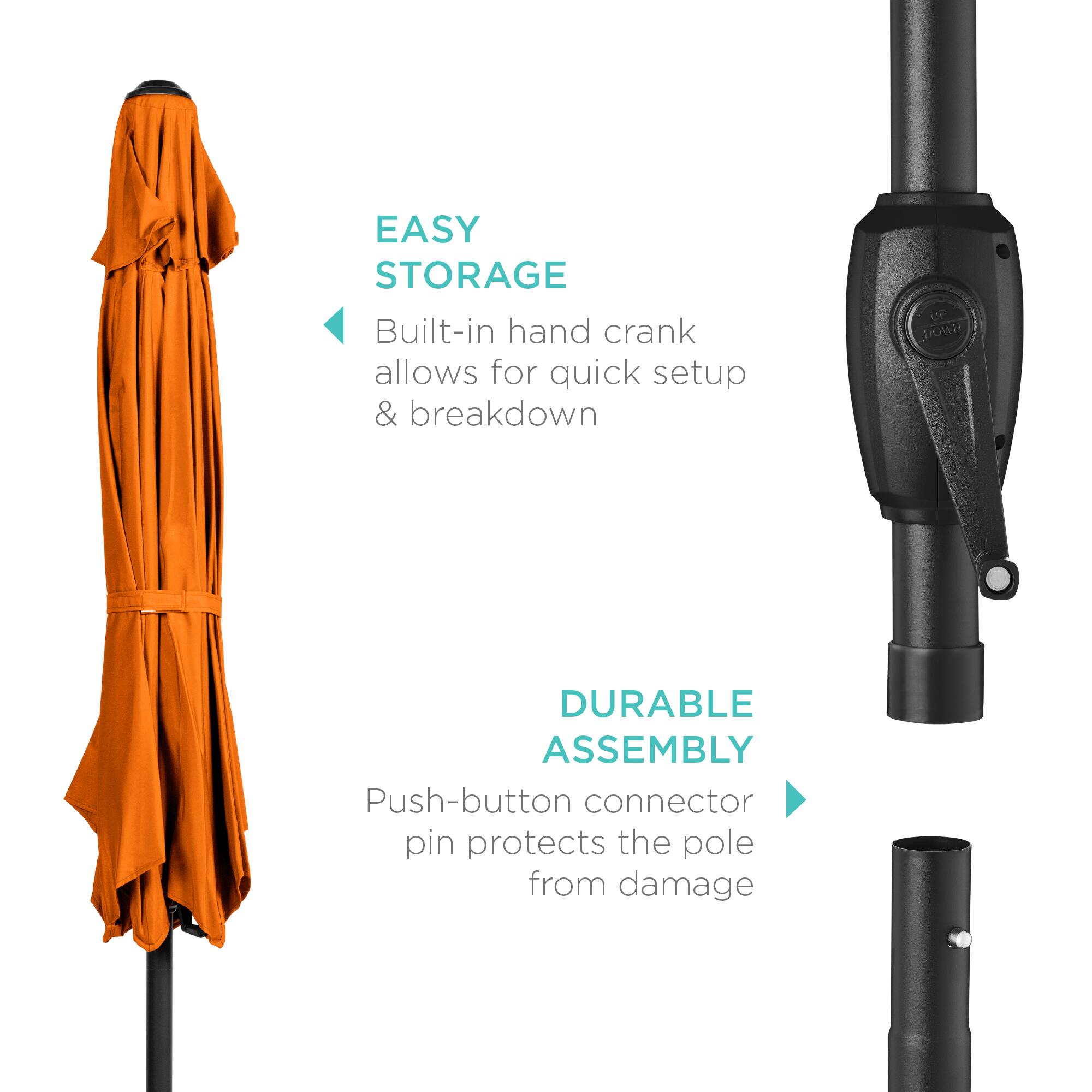 EASY STORAGE  
Built-in hand crank allows for quick setup & breakdown  

DURABLE ASSEMBLY  
Push-button connector pin protects the pole from damage