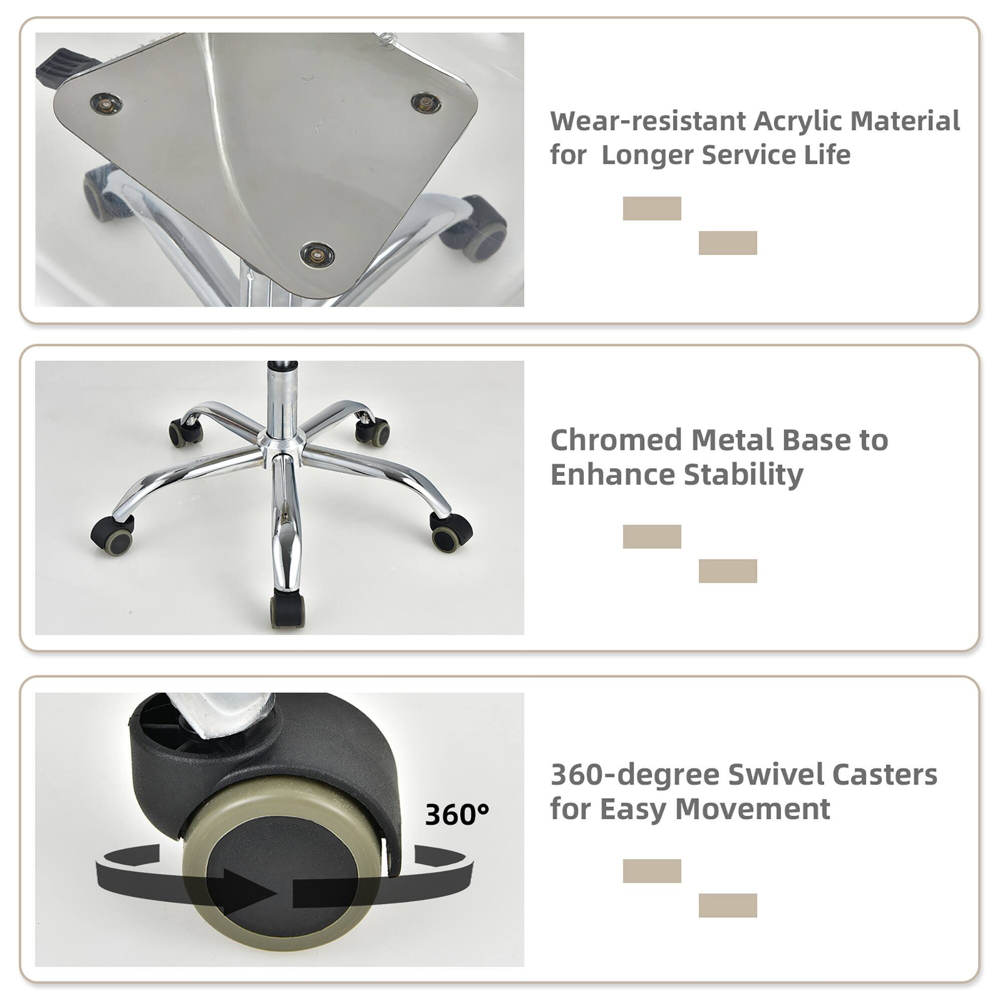 The image features a chair with a metal base and a swivel caster. The chair is made of wear-resistant acrylic material, which provides a longer service life. The metal base enhances stability, while the 360-degree swivel casters allow for easy movement.