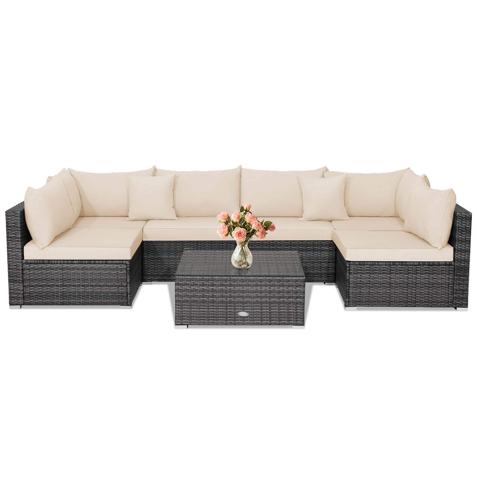 Front. Costway - 7PCS Patio Rattan Furniture Set Sectional Sofa Cushioned Garden - Mix Gray,Brown.