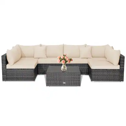 Front. Costway - 7PCS Patio Rattan Furniture Set Sectional Sofa Cushioned Garden - Mix Gray,Brown.