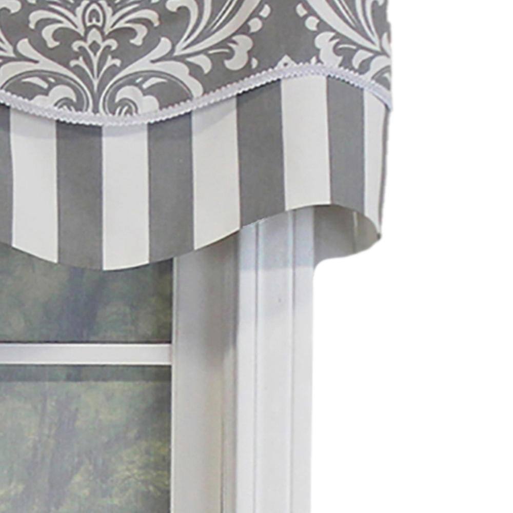 Left. RLF Home - RLF Home Ozbourne Glory Valance Gray. 3" Rod Pocket, Layered, Trimmed. 50" x 16" - Gray.