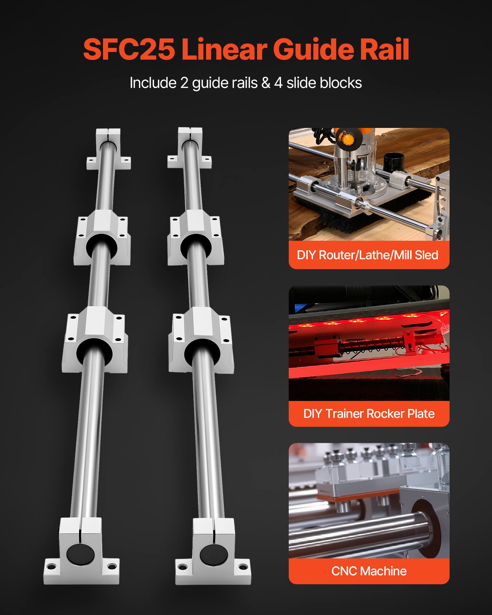 SFC25 Linear Guide Rail  
Include 2 guide rails & 4 slide blocks  

DIY Router/Lathe/Mill Sled  
DIY Trainer Rocker Plate  
CNC Machine