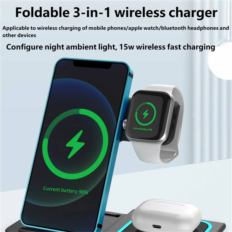 Foldable 3-in-1 wireless charger  
Applicable to wireless charging of mobile phones/apple watch/bluetooth headphones and other devices  
Configure night ambient light, 15w wireless fast charging  
Current battery 90%