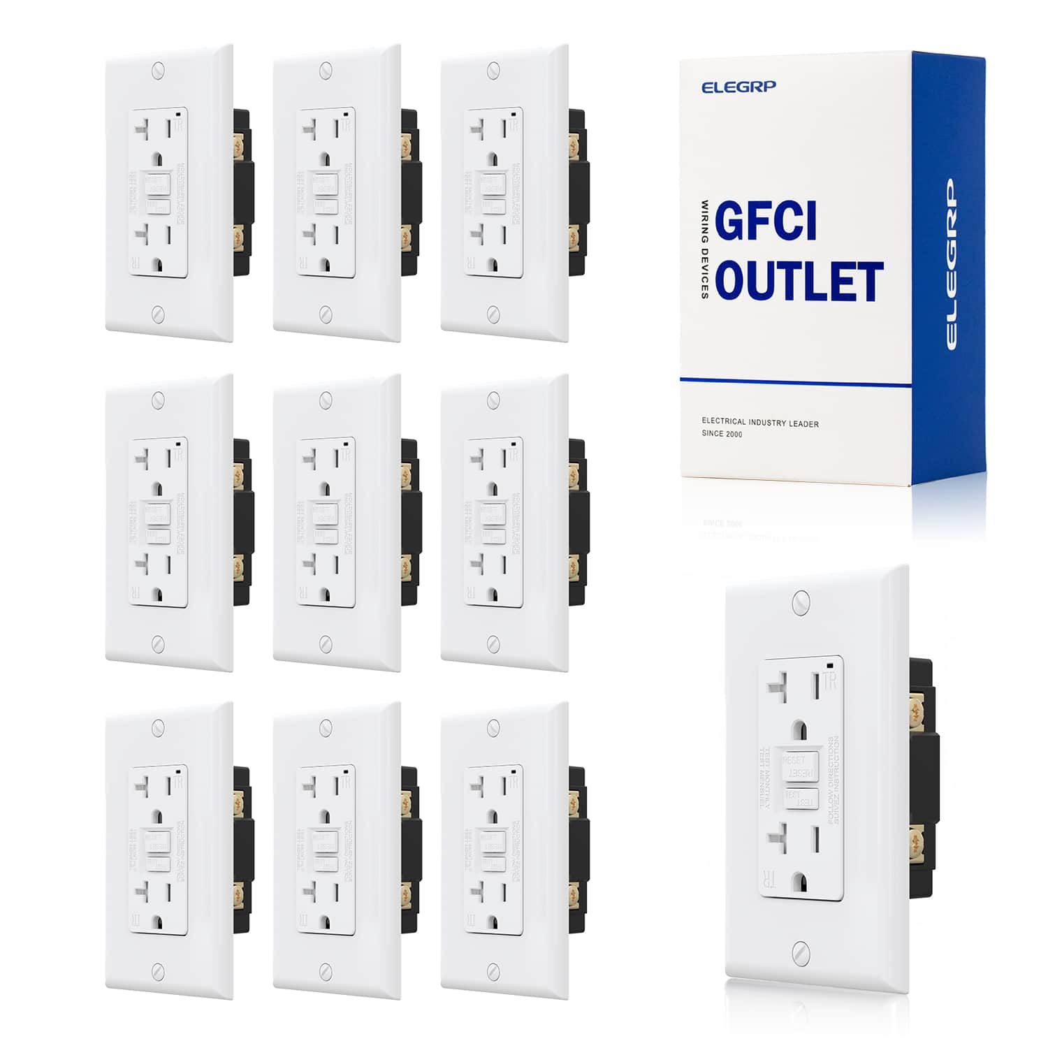 ELEGRP - GFCI Electrical Outlet 20A, Self-Test Tamper Resistant GFCI Receptacle w/ Screw Wall Plate, UL Listed, 10PC - White