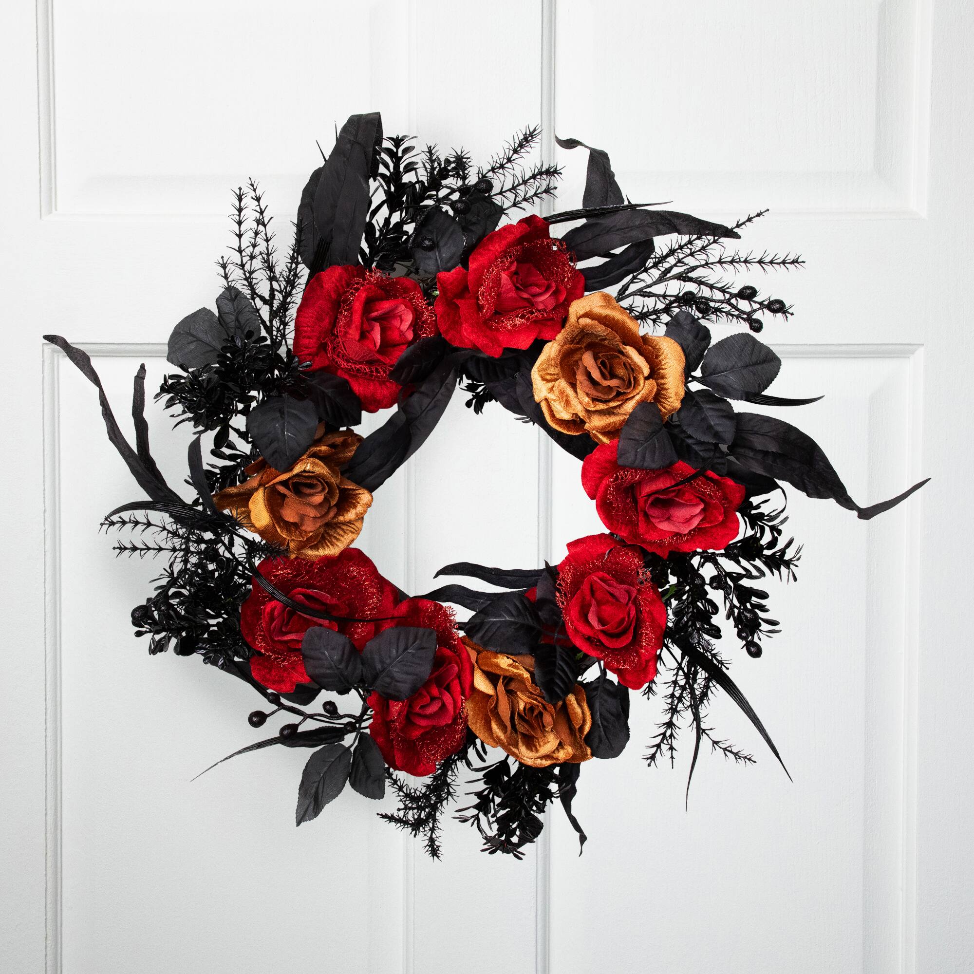 Front. Northlight - Roses with Mixed Foliage Halloween Wreath - 22" - Red and Gold - Unlit - Black.