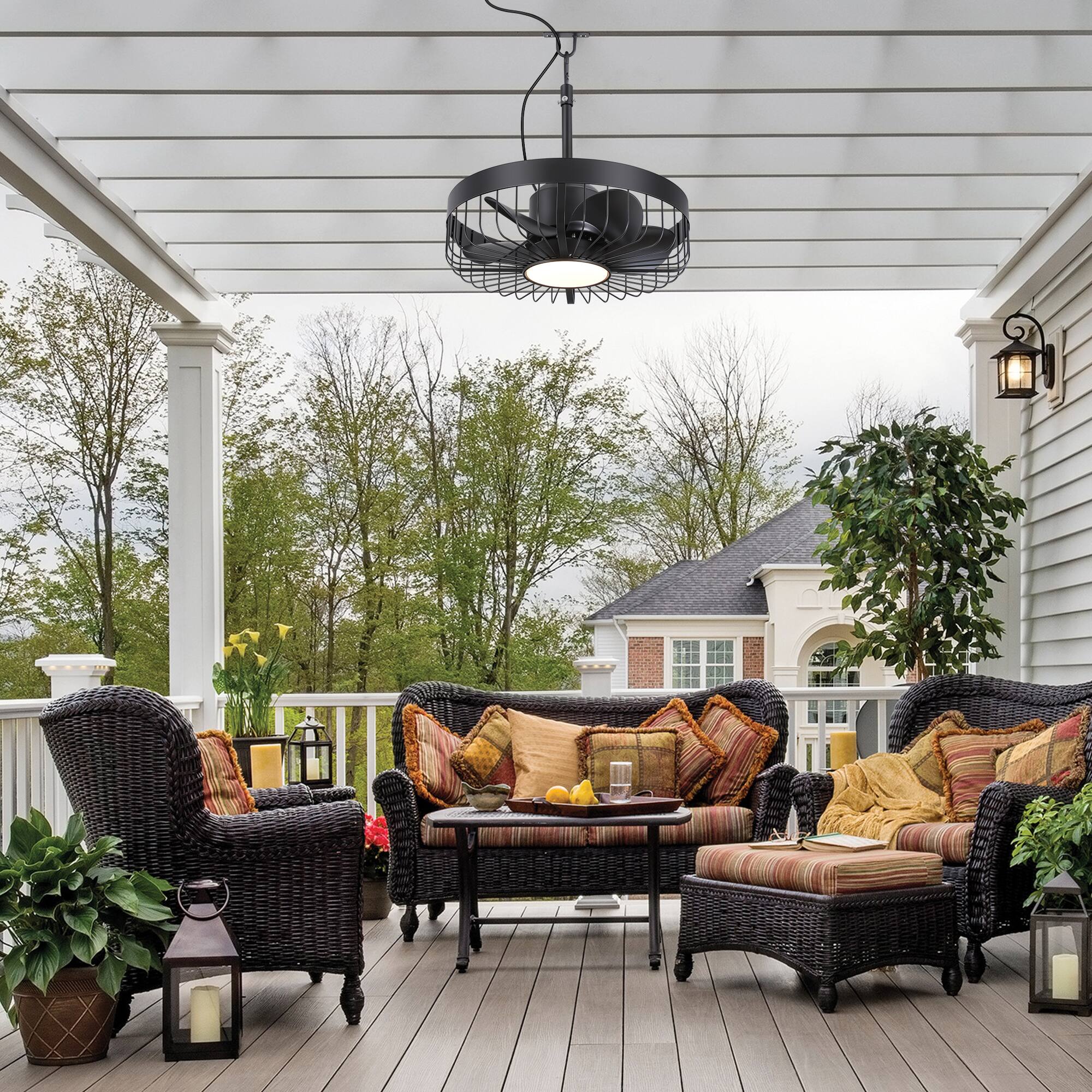 Left. Breezary - 19" Outdoor Waterproof Ceiling Fan with Gazebo Light, DC Motor, Remote, Reversible ABS Blades, Wet/Damp Rated, Patio Use - All Black(Plug-in).