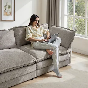 KERDOM - Sectional 3 Seat Sofa Set Deep Seat with 1 Ottoman Movable & Pillows, Sleeper Sofa Bed Chaise Longue L Shaped Couch