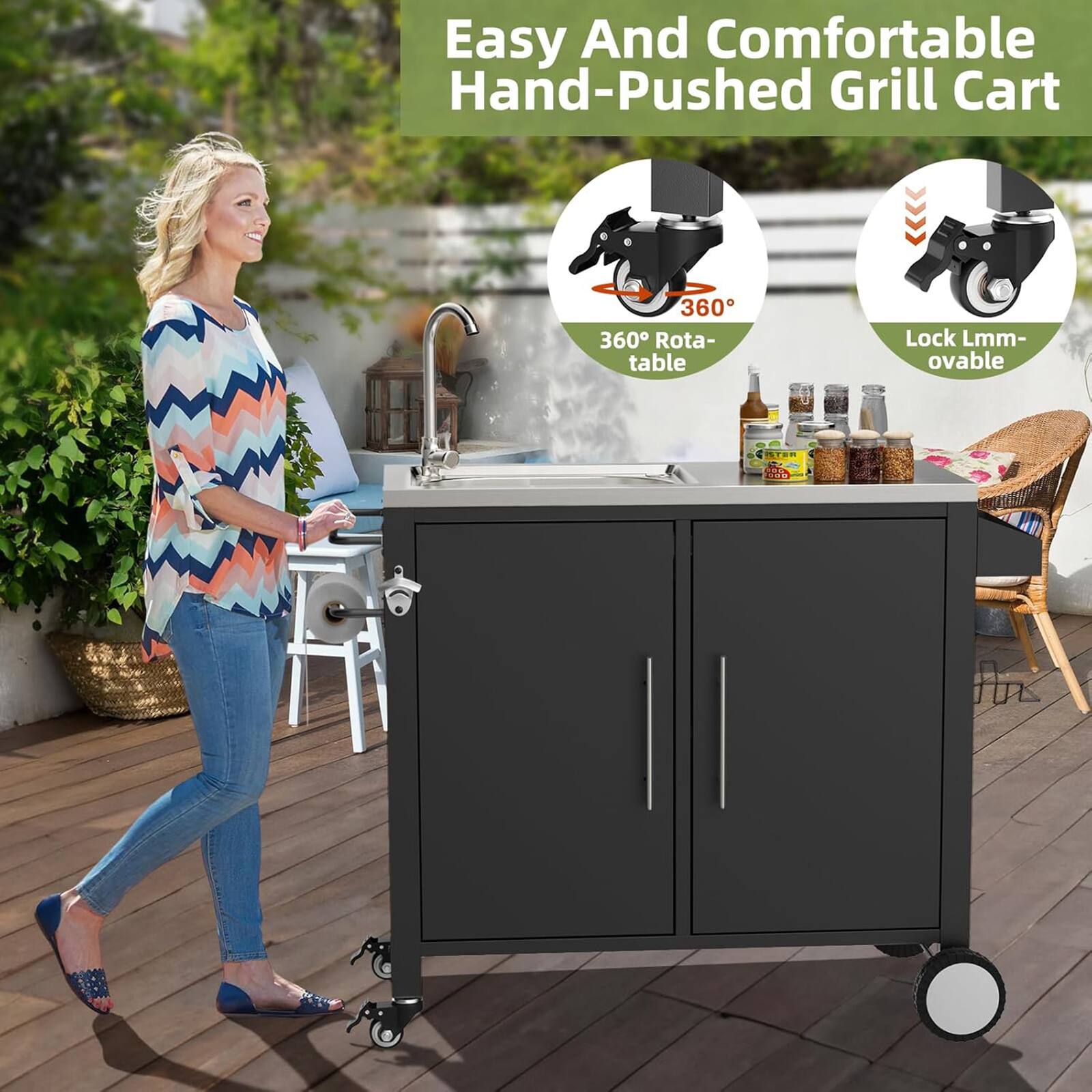 Easy And Comfortable Hand-Pushed Grill Cart

360° Rotatable

Lock Lmm-ovable