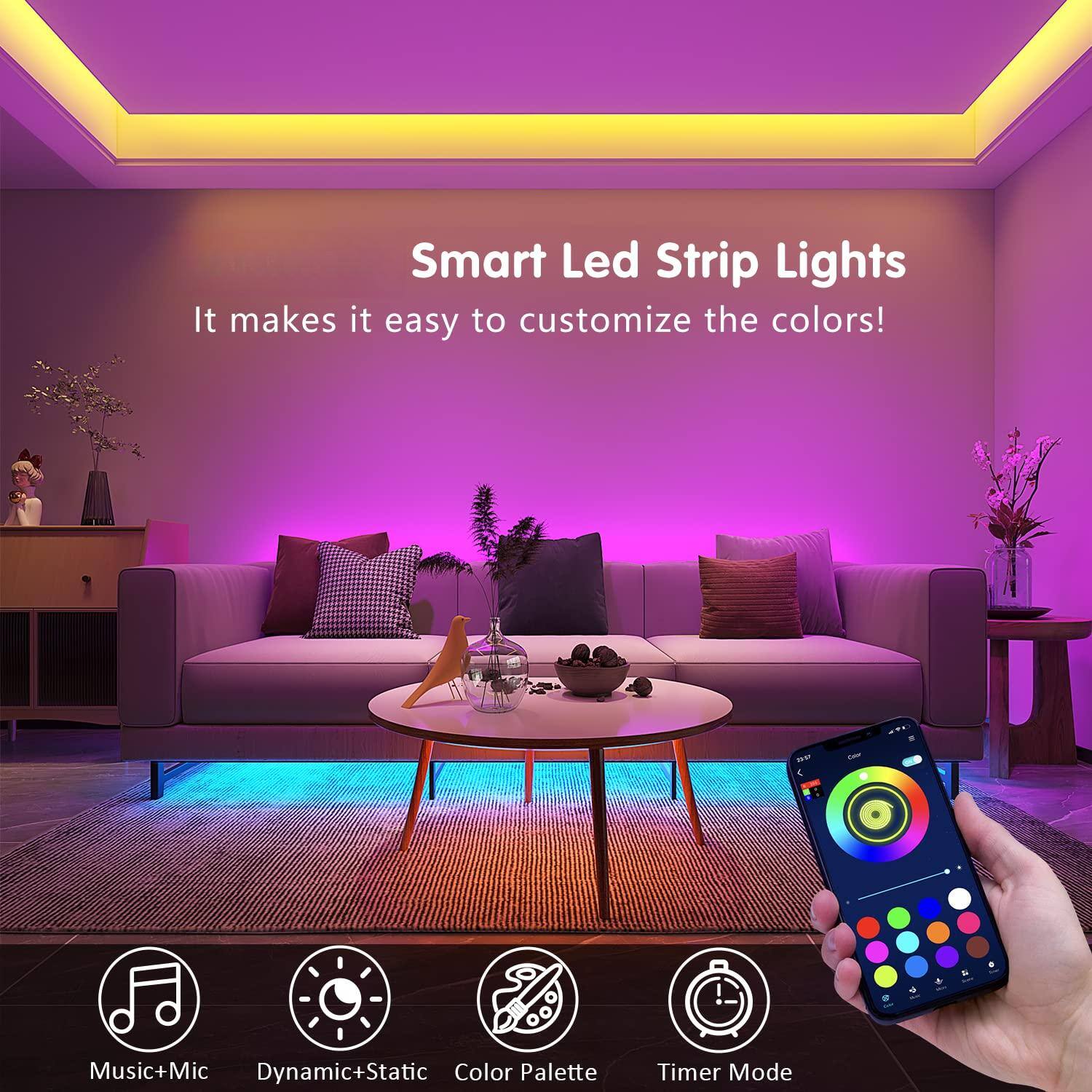 Smart Led Strip Lights  
It makes it easy to customize the colors!  

Music+Mic  
Dynamic+Static  
Color Palette  
Timer Mode