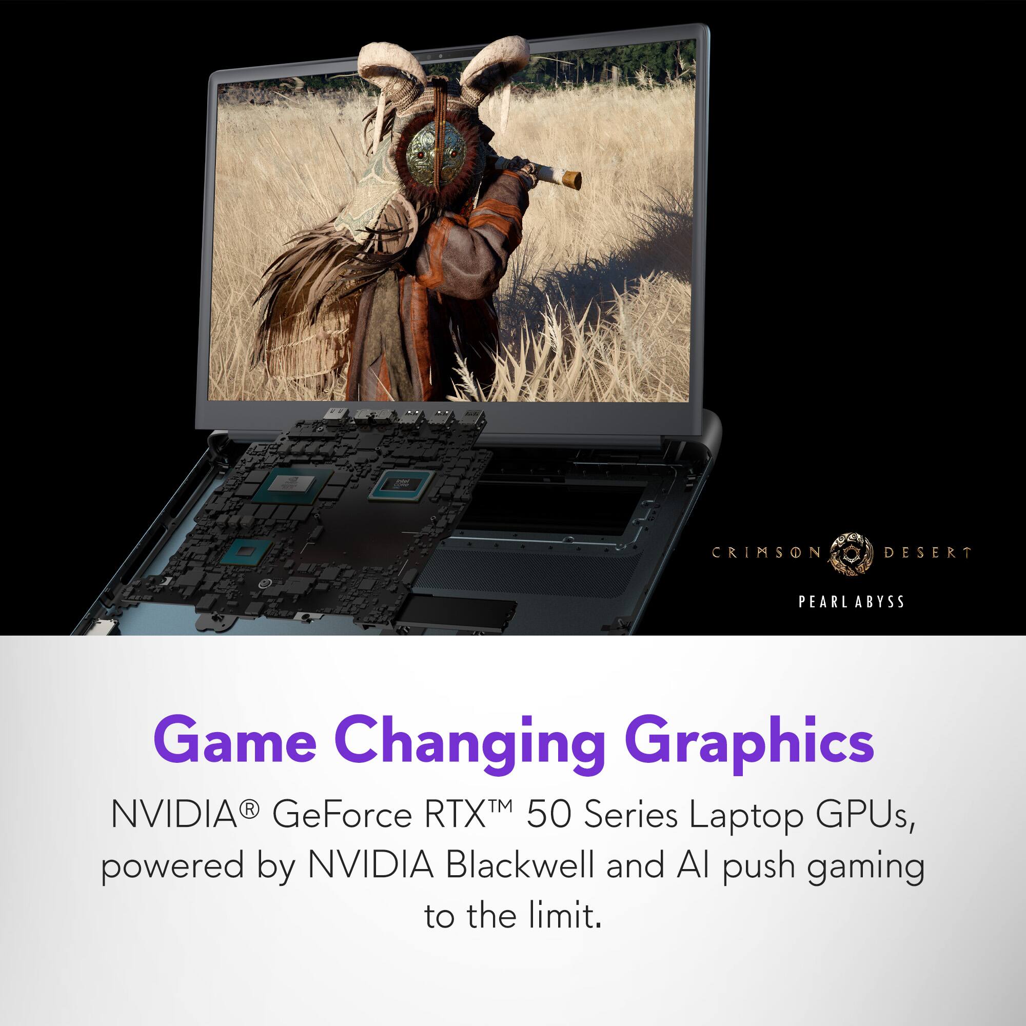 AUO CRIMSON DESERT PEARL ABYSS Game Changing Graphics NVIDIA GeForce RTX 50 Series Laptop GPUs, powered by NVIDIA Blackwell and AI, push gaming to the limit.