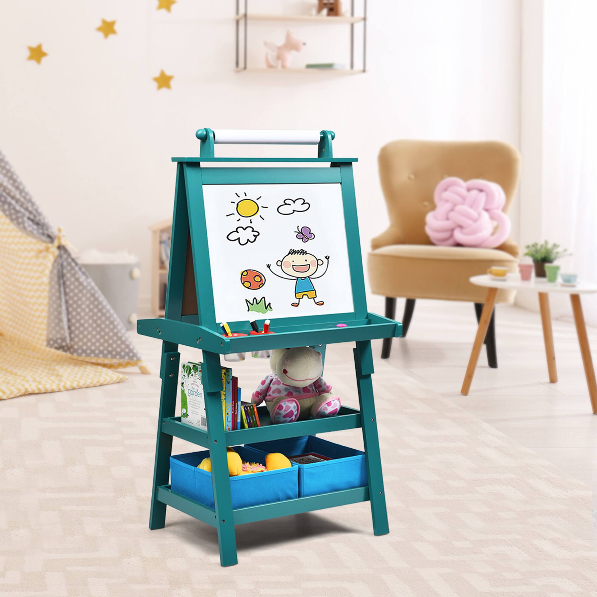 Alt View 2. Gymax - Gymax 3 in 1 Double-Sided Storage Art Easel w/Paint Cups for Kid Writing Teal Frosting - Teal Frosting.
