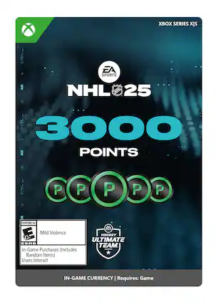 XBOX SERIES X|S EA SPORTS NHL 25 BUNDLE - 3000 POINTS EA SPORTS - CCPP P P P P P P P EVERYONE 10+ EA SPORTS Mild Violence HOCKEY 10 ULTIMATE TEAM. In-Game Purchases (Includes Random Items) Users Interact In-Game Currency. Requires: Game.