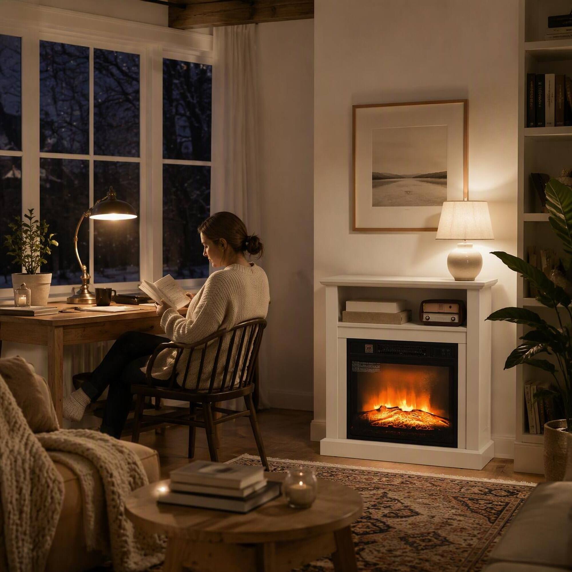 Left. RYHNUYNE - 27-inch Freestanding Electric Fireplace with Mantel, 1400W Heater, Realistic LED Flame, Remote Control - White.