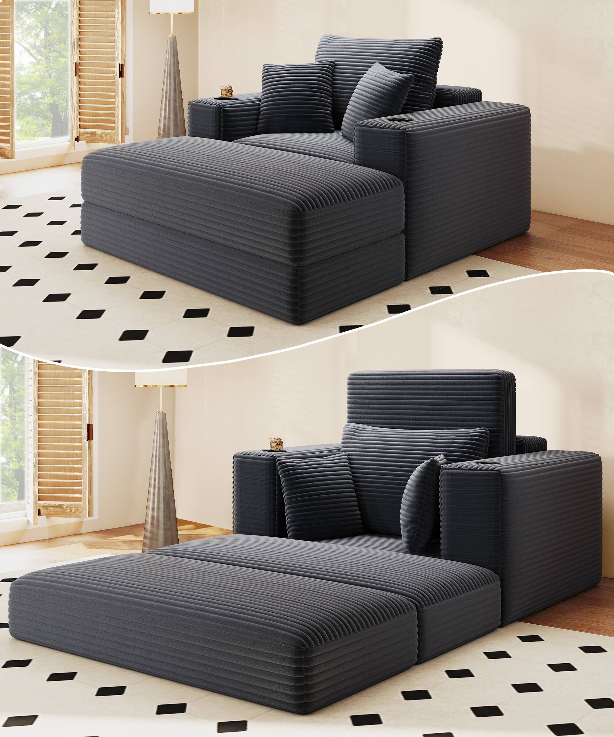 Angle. GRANDJOY - 62" 3‑in‑1 Corduroy Chaise Lounge Chair, Convertible Sleeper Sofa Bed & Recliner for Living Room - Gray.
