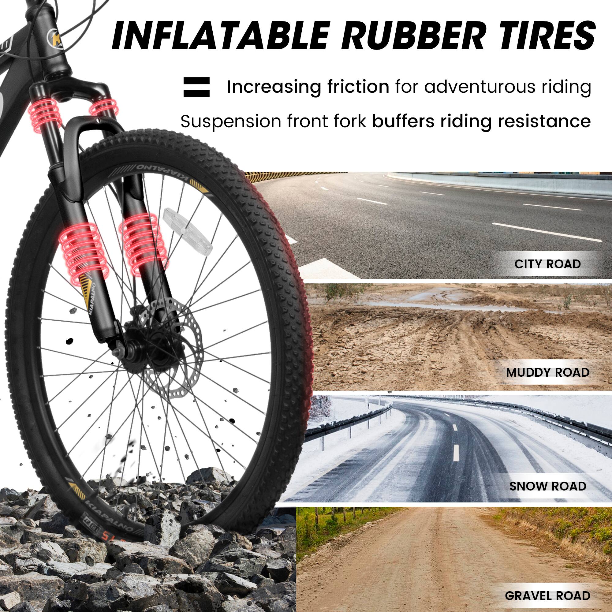 INFLATABLE RUBBER TIRES  
= Increasing friction for adventurous riding  
Suspension front fork buffers riding resistance  

CITY ROAD  
MUDDY ROAD  
SNOW ROAD  
GRAVEL ROAD