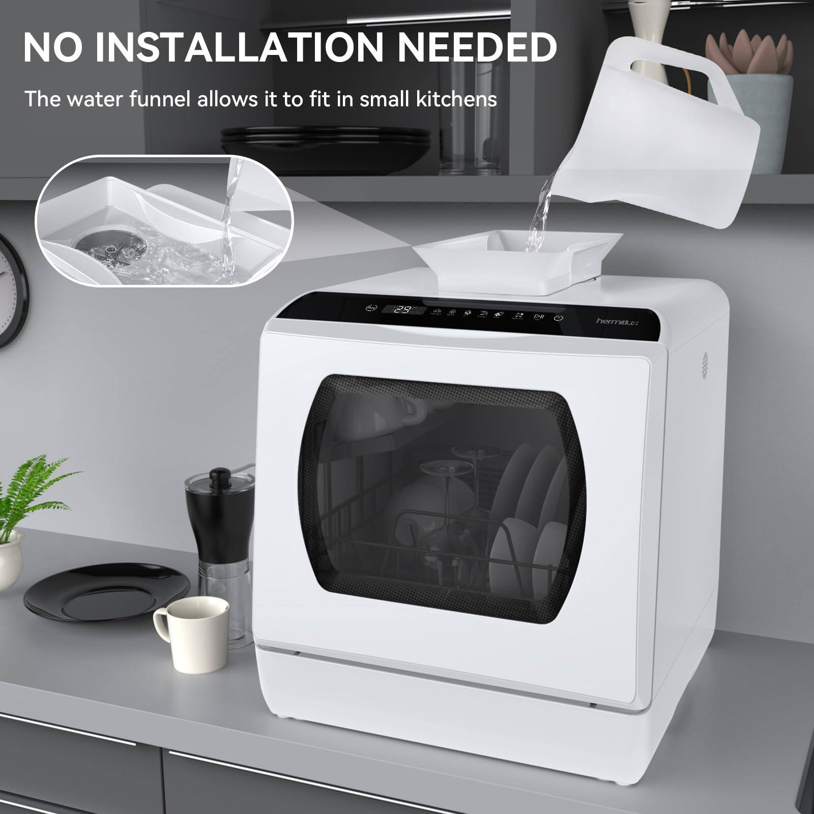 NO INSTALLATION NEEDED

The water funnel allows it to fit in small kitchens