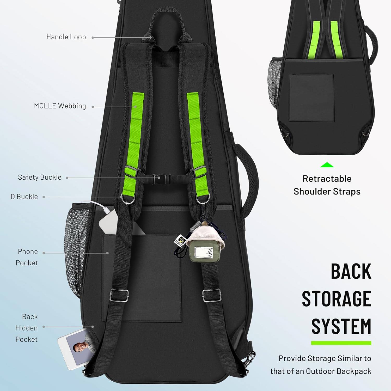 Handle Loop  
MOLLE Webbing  
Safety Buckle  
D Buckle  
Retractable Shoulder Straps  
Phone Pocket  
Back Hidden Pocket  

BACK STORAGE SYSTEM  
Provide Storage Similar to that of an Outdoor Backpack