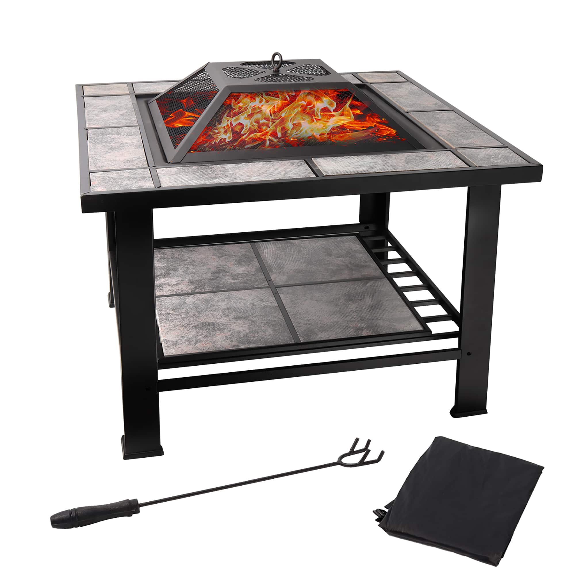 BP4U - 30" Fire Pit Table with Marble Tile Top, Fire Pit for Outside Patio, Yard Party, Garden - Black