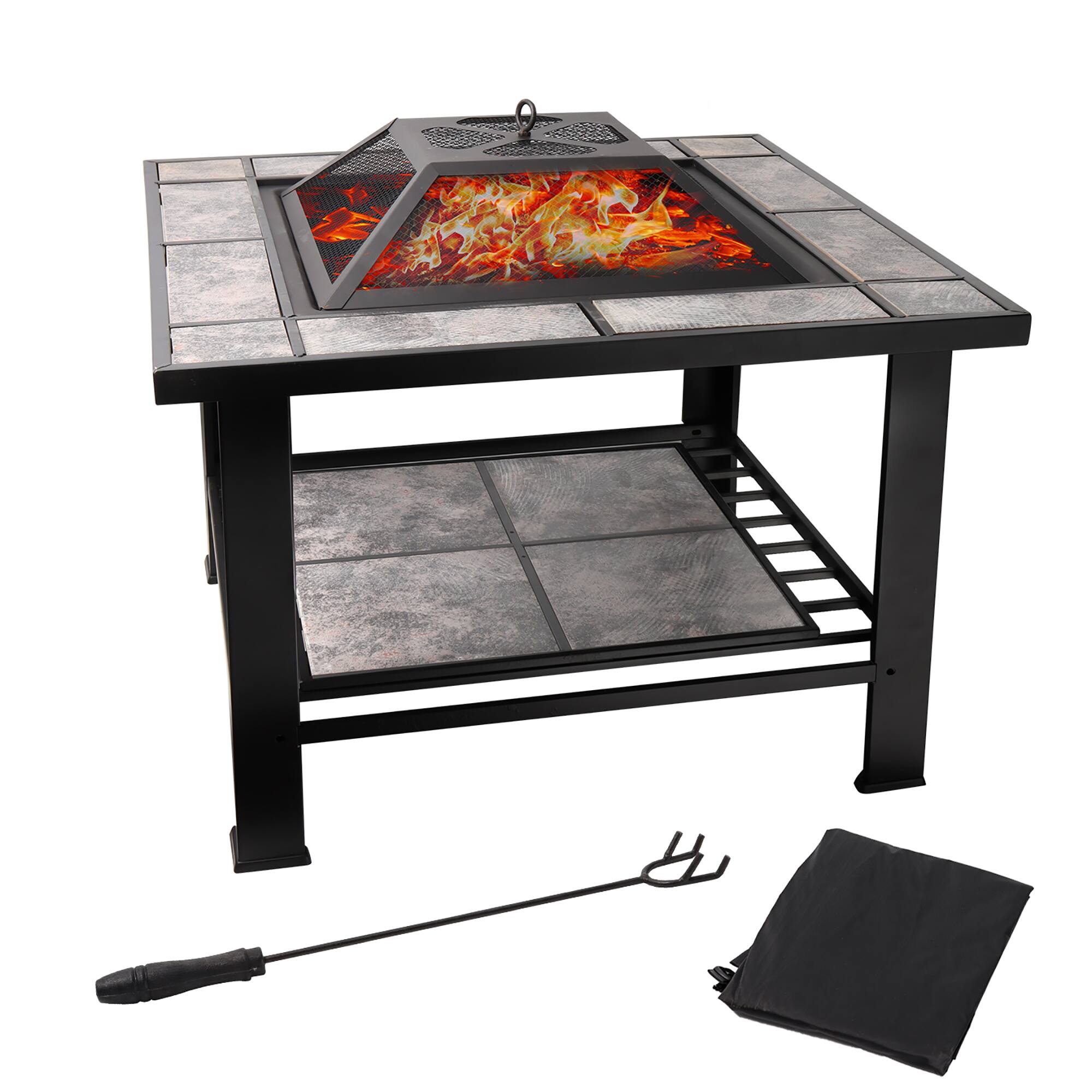 Front. BP4U - 30" Fire Pit Table with Marble Tile Top, Fire Pit for Outside Patio, Yard Party, Garden - Black.