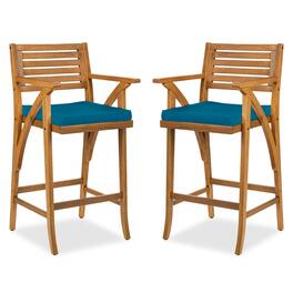 Best Choice Products - Set of 2 Outdoor Acacia Wood Bar Stools Bar Chairs w/ Weather-Resistant Cushions - Peacock Blue