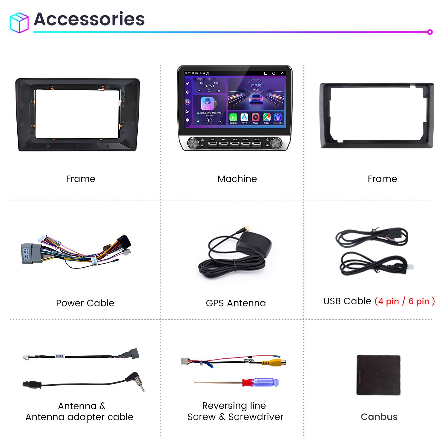 Accessories

- Frame
- Machine
- Frame

- Power Cable
- GPS Antenna
- USB Cable (4 pin / 6 pin)

- Antenna & Antenna adapter cable
- Reversing line Screw & Screwdriver
- Canbus