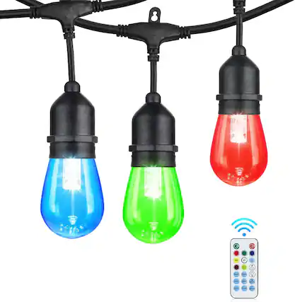 Front. Schertz - 24FT Outdoor String Lights - 12 LED Edison Bulbs, RGB Color Changing, Waterproof.