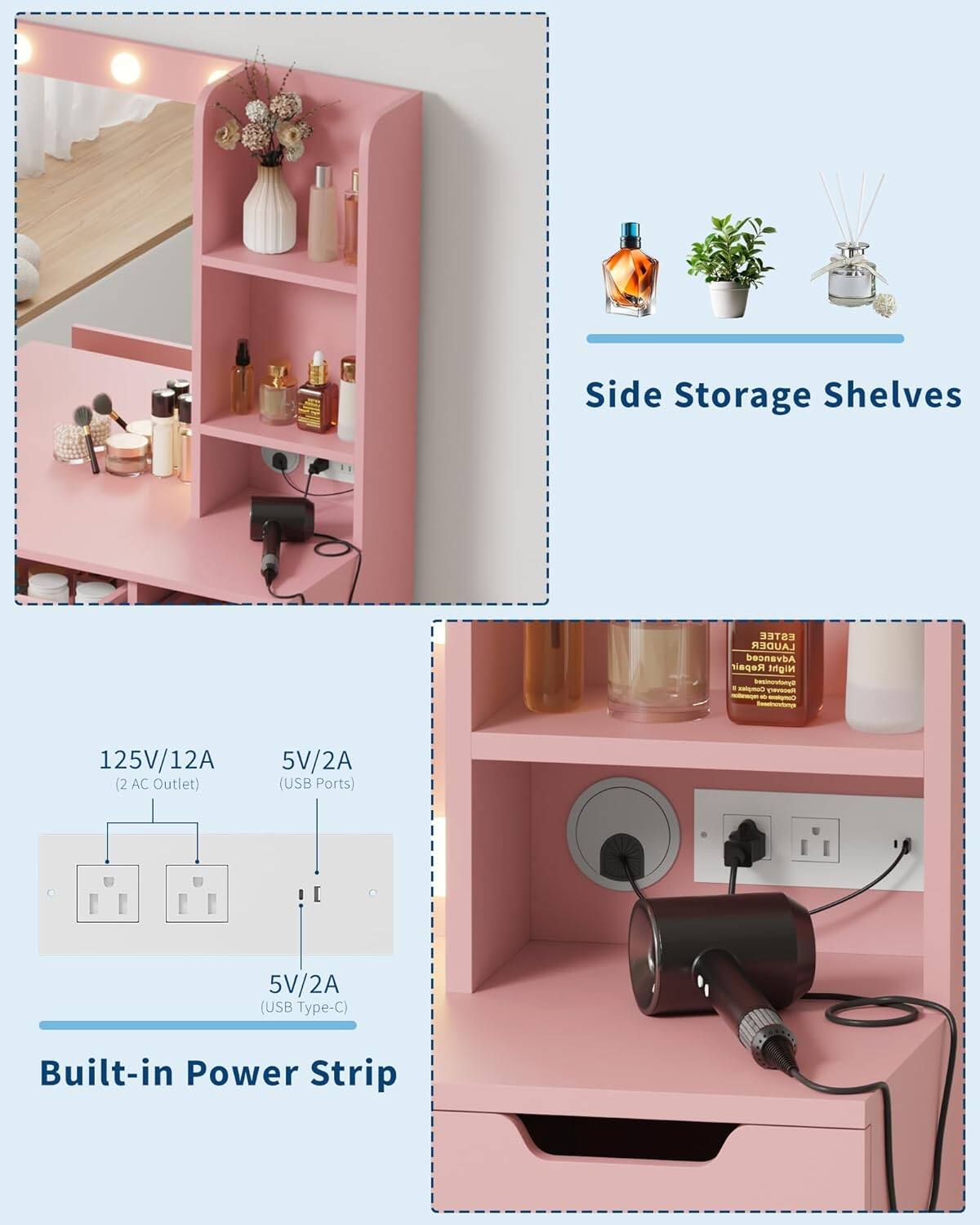 Alt View 4. GARVEE - Makeup Vanity with Mirror,12 LED Lights with 3 Adjustable Lighting Modes and Brightness Levels, Built-in Power Outlet - Pink.