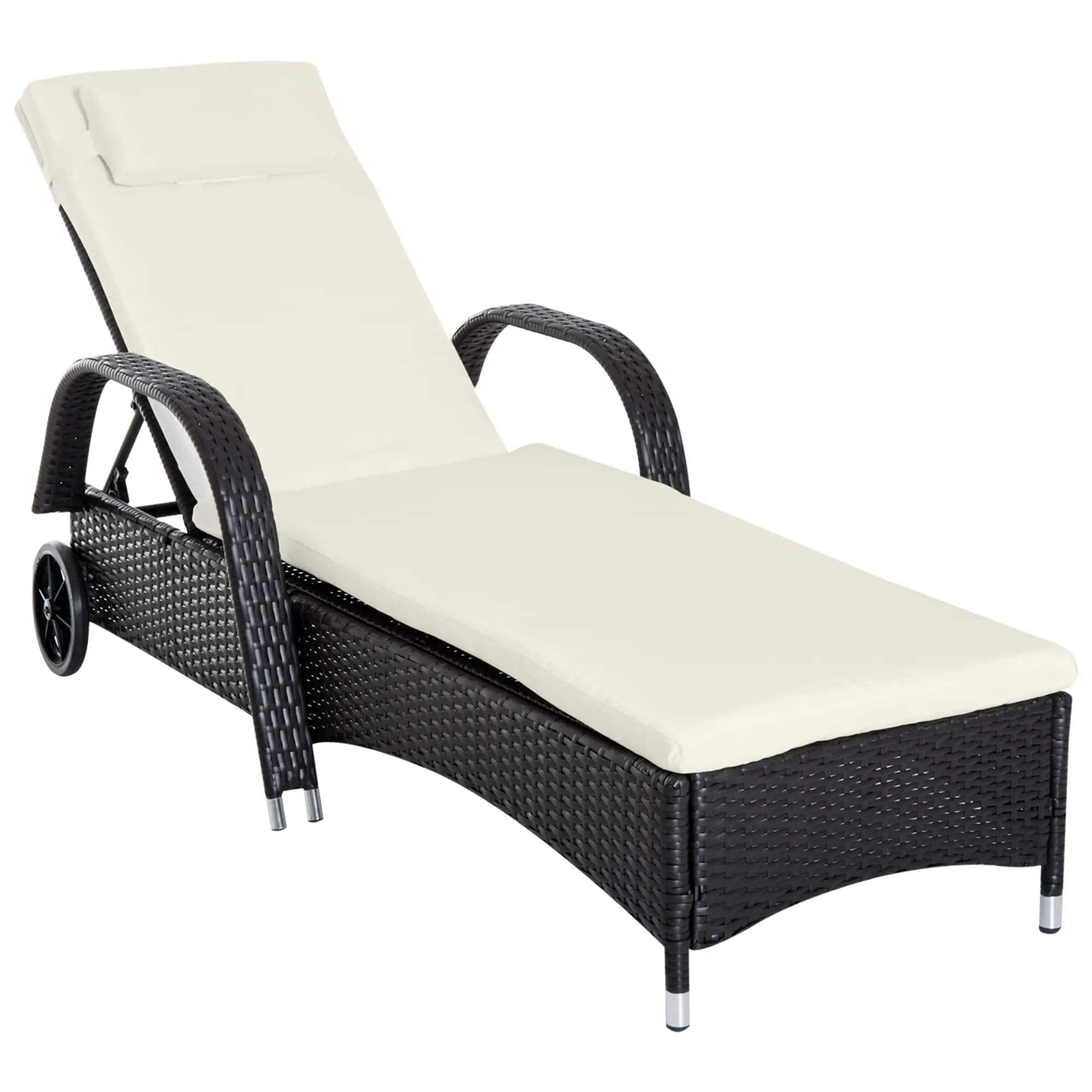 Resenkos - Wicker Outdoor Chaise Lounge, 5-Level Adjustable Backrest PE Rattan, With Wheels - Dark Coffee, Cream White