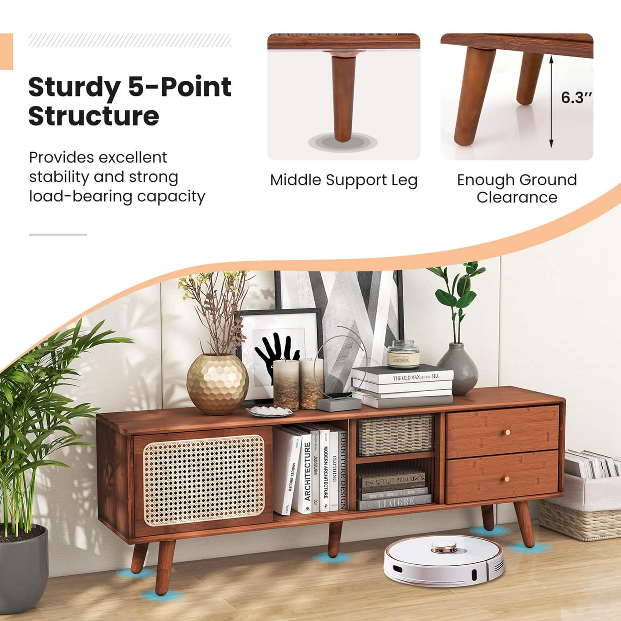 Sturdy 5-Point Structure: Provides excellent stability and strong load-bearing capacity. Middle Support Leg: Enough ground clearance.