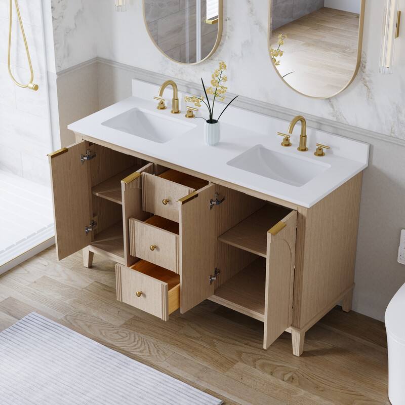 Left. WELLFOR - 60 in Modern Solid Wood Bathroom Vanity with Double Sink, Bathroom Cabinet with Soft-Close 4 Doors& 3 Drawers - Oak.